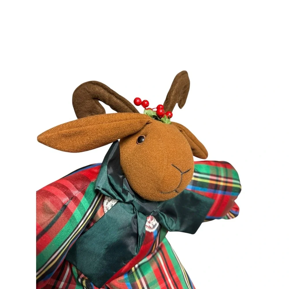 Vintage 90s Christmas‎ Reindeer Plush Stuffed Animal Tartan Plaid Sitter Nylon